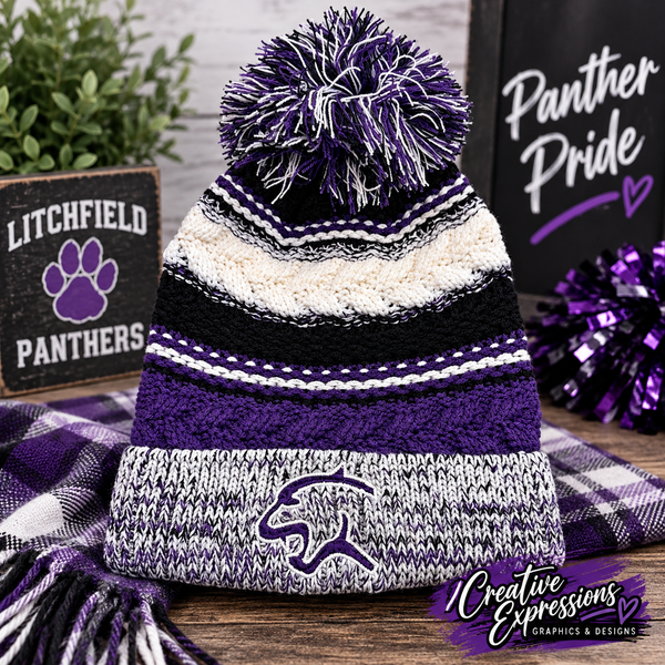 Embroidered Panther Sport-Tek® Pom Pom Team Beanie - 1